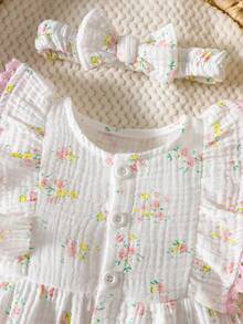 SHEIN 1pc Infant Summer Clothes, Ditsy Floral Cap Sleeve + Bow Headband, Sweet Princess Style Open Front Dress - White - View 4