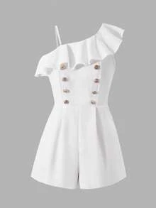SHEIN Sparklyn Elegant Asymmetric Ruffle Design Metal Button Jumpsuit, Suitable For Teen Girls, Spring/Summer, Commuting - White - View 4