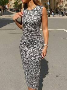 Pariaura 2026新款女士黑白豹纹无袖修身长裙，圆领弹力修身长款连衣裙，夏季休闲外出海滩派对街头必备单品，畅销时尚基础款连衣裙 - 彩色 - 查看 4
