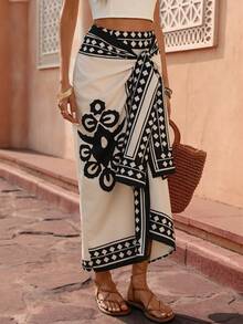 Selianne Women's Elegant, Fashionable, Comfortable, Charming Retro Minimalist High-End Romantic Holiday Wrap-Style Bodycon Printed Asymmetric Bow-Tie Skirt - Apricot - View 1