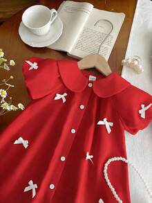 SHEIN Đầm mùa hè kiểu dáng thường ngày cho bé gái, trang trí hình bướm, cài cúc phía trước. - Đỏ - Xem 9