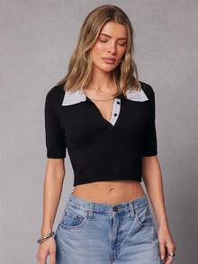 Hauture New Women Striped Patchwork Short Sleeve Knitted Polo Collar Cropped Top - Black - View 3