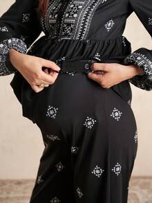 Momance Printed V-Neck Tie Top And Straight Leg Pants Elegant Maternity 2 Pieces Set - Black - View 7