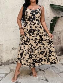 Breezaya Women's Khaki & Black Ditsy Floral Spaghetti Strap Backless Dress, Layered Flowy Skirt, Vacation/Picnic With Friends, Summer Beach Date Dress - Multicolor - View 3