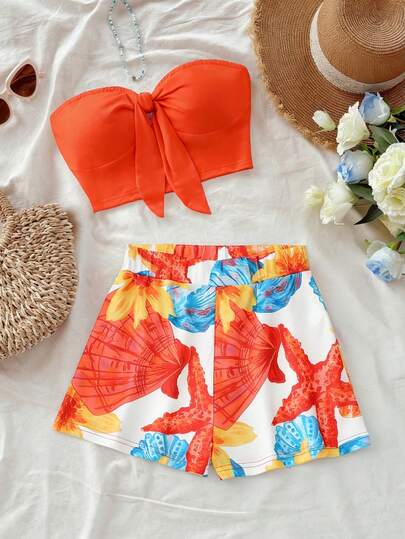 GlowEve 女士夏季度假沙滩纯色打结抹胸上衣和贝壳印花短裤两件套