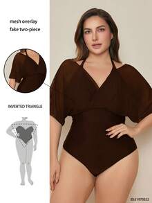 Swim Basics 2026 New Elegant Plus Size One-Piece Swimsuit For Beach Vacation, Slimming Chic Plus Size One-Piece Swimwear, Brown - Brown - View 2