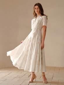 MOTF PREMIUM SUMMER UNIQUE LUXURY LACE CINCHED WAIST FLARED WOMEN DRESS - Apricot - View 1