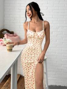 SHEIN EZwear 女士度假粉色碎花侧开衩吊带连衣裙 - 彩色 - 查看 5