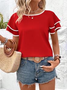 EMERY ROSE Blusa de manga corta con cuello redondo y color contrastante bordada para mujeres - Rojo - Ver 6