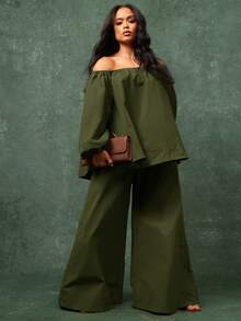 Vixey Top oversize de manga larga con hombros descubiertos y elástico - Verde Oliva - Ver 3