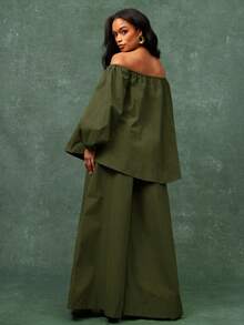 Vixey Top oversize de manga larga con hombros descubiertos y elástico - Verde Oliva - Ver 5