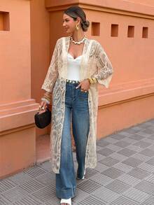 Selianne Women Lace Long Flowy Kimono Cardigan Boho Style Beach Open Cover Ups - Apricot - View 5