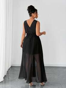 Elenzga 大码女士优雅休闲度假简约褶皱无袖腰部抽绳雪纺半透明拼接开衩下摆短裤连体裤 - 黑色 - 查看 2