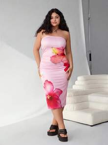 SHEIN EZwear 大码女士情人节印花抹胸优雅连衣裙 - 粉色 - 查看 4