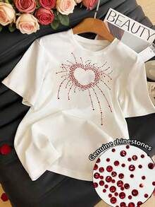 Resyla Camiseta de manga corta con cuello redondo, decorada con corazón hueco y rhinestones, talla grande - Blanco - Ver 1