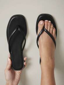 SHUZIA Women's Square Toe T Strap Thong Poolside Flip Flop Sandals - Black - View 3