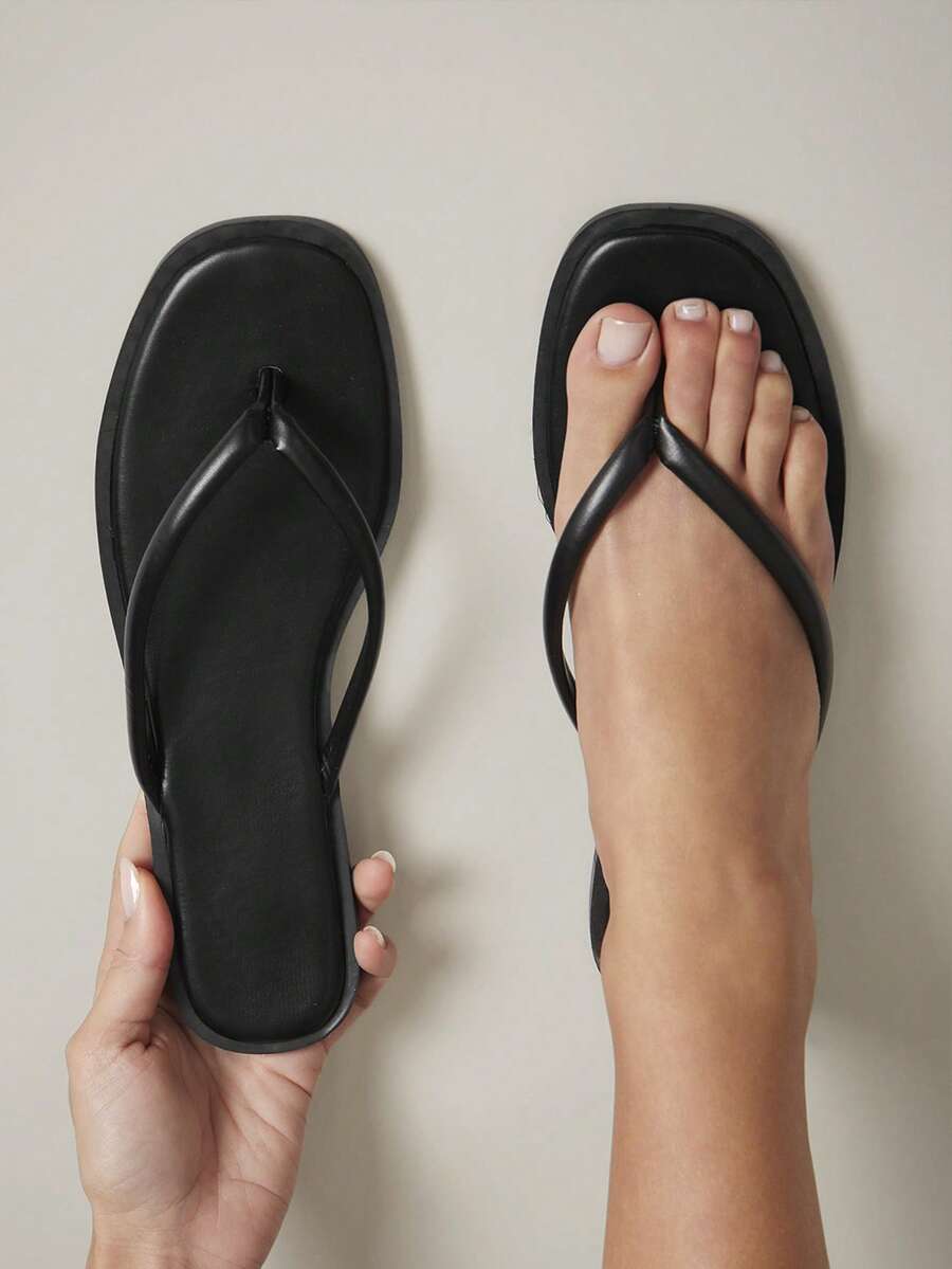 SHUZIA 女士方头T字带人字拖凉鞋 - 黑色 - 查看 1