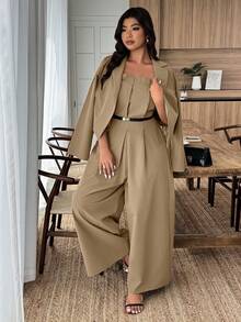 Weeklong Bộ đồ 2 món cỡ lớn, màu trơn, xếp ly gồm áo liền quần và áo khoác dài tay, kiểu dáng thanh lịch. - màu nâu - Xem 3