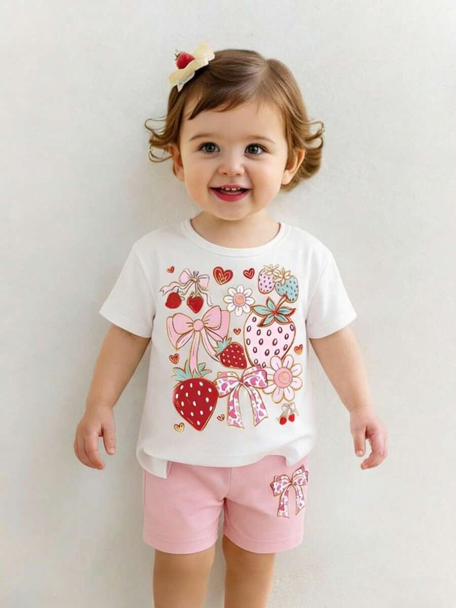SHEIN Playful Pals 女婴两件套休闲套装,简约甜美草莓蝴蝶结印花圆领短袖T恤搭配粉色短裤,适合春夏、户外活动和上学穿着。 - 彩色 - 查看 1