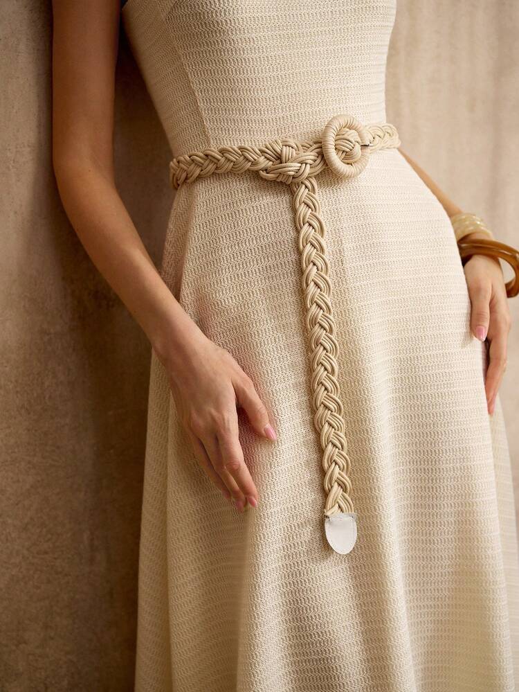 VINTAGE STYLE SLEEVELESS KNITTED MIDI DRESS WITH WOVEN BELT, MINIMALIST DESIGN, SPRING/SUMMER