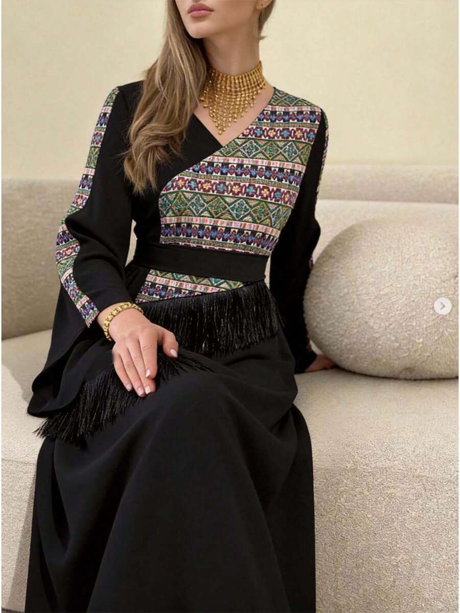 Al Najma 女士几何印花V领长袖拼接流苏优雅阿拉伯连衣裙