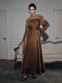 Anewsta Romantic Elegant Party Rhinestone Embellished Waist Dress - Coffee - View 7