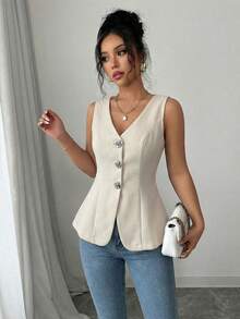 Elenzga 女士春夏通勤款前扣休闲金属装饰西装外套 - 杏色 - 查看 4