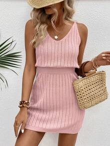 EMERY ROSE Fashionable Versatile Hollow Crochet V-Neck Women Sweater Dress - Pink - View 5