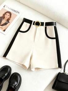 Franclia 女士宽松优雅短裤，黑米色撞色设计，夏季穿着 - 杏色 - 查看 8