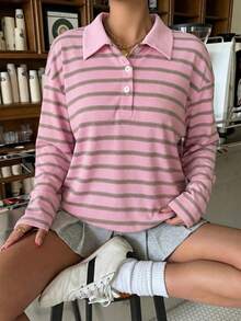 Muchica 粉色条纹针织休闲女式长袖T恤 - 粉色 - 查看 5