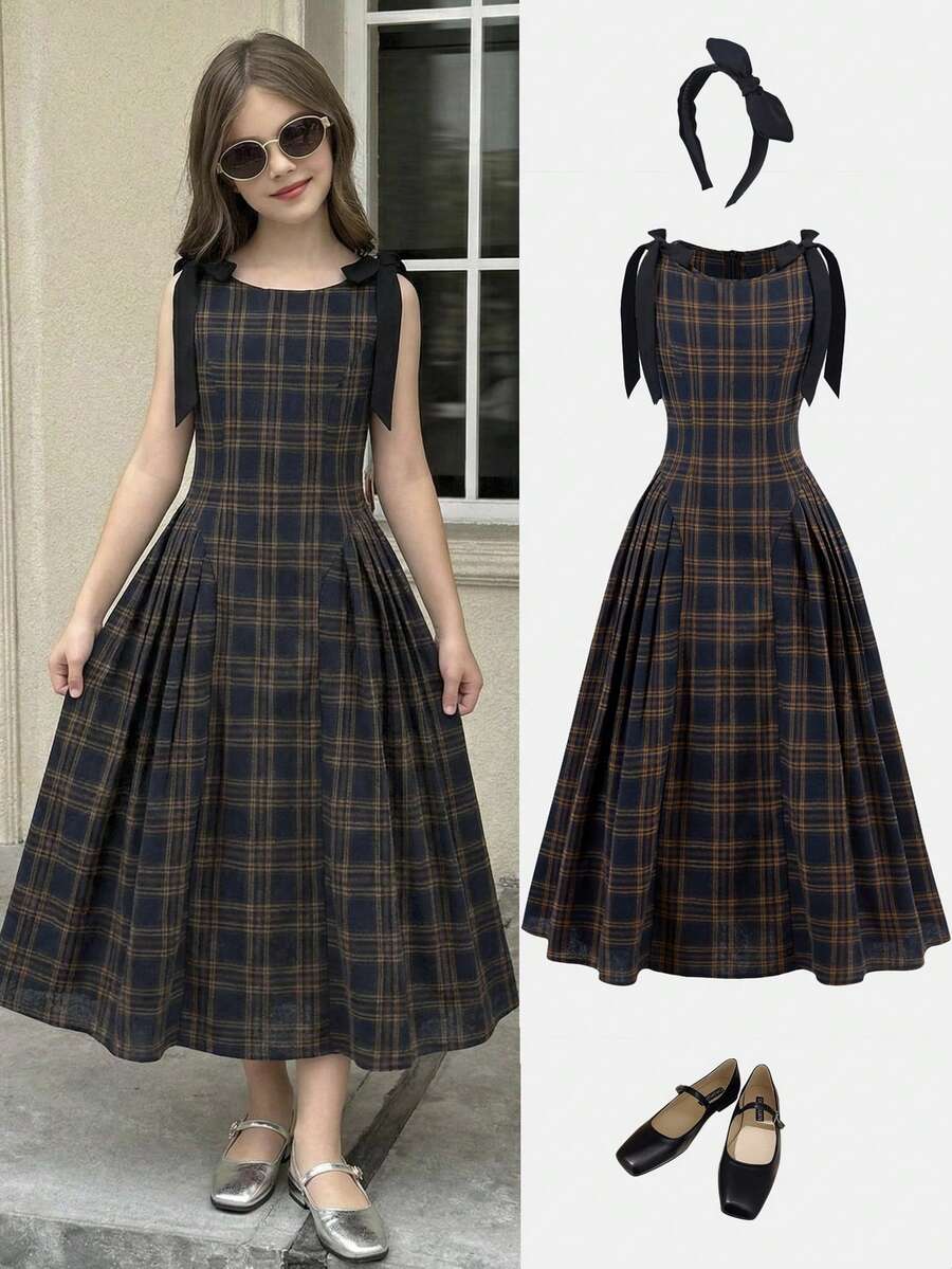 SHEIN 少女时尚优雅格子圆领无袖连衣裙 - 藍色 - 查看 1