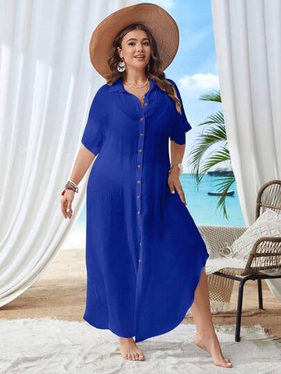 Swim Lushoire Kimono de manga corta transparente con botones delanteros, casual y de verano, talla grande