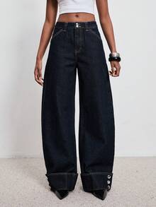 ATUI Studio 女士纯色斜插口袋休闲百搭阔腿牛仔裤 - 藍色 - 查看 3