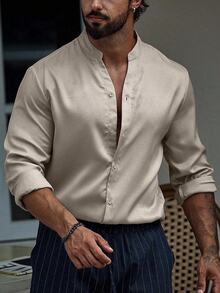 Manfinity Homme Men Solid Button Up Shirt Without Tee, For Fall, Long Sleeve Top - Apricot - View 1