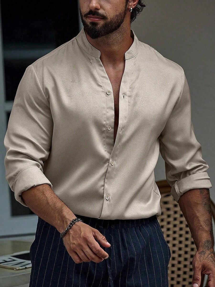 Manfinity Homme Men Solid Button Up Shirt Without Tee, For Fall, Long Sleeve Top - Apricot - View 1