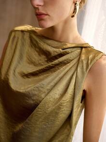 MOTF PREMIUM Đầm satin không tay bất đối xứng, thanh lịch, thích hợp cho tiệc tùng, phong cách cổ điển, mùa xuân/hè. - Màu xanh Ô liu - Xem 3