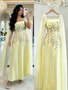 Rafferiza Đầm dự tiệc/sinh nhật thanh lịch và quyến rũ, đầm maxi dáng chữ A không tay cổ vuông bằng vải chiffon mỏng nhẹ, thêu hoa, màu vàng bơ xếp ly, thích hợp cho mùa xuân/hè. - Màu vàng ngỗng - Xem 1