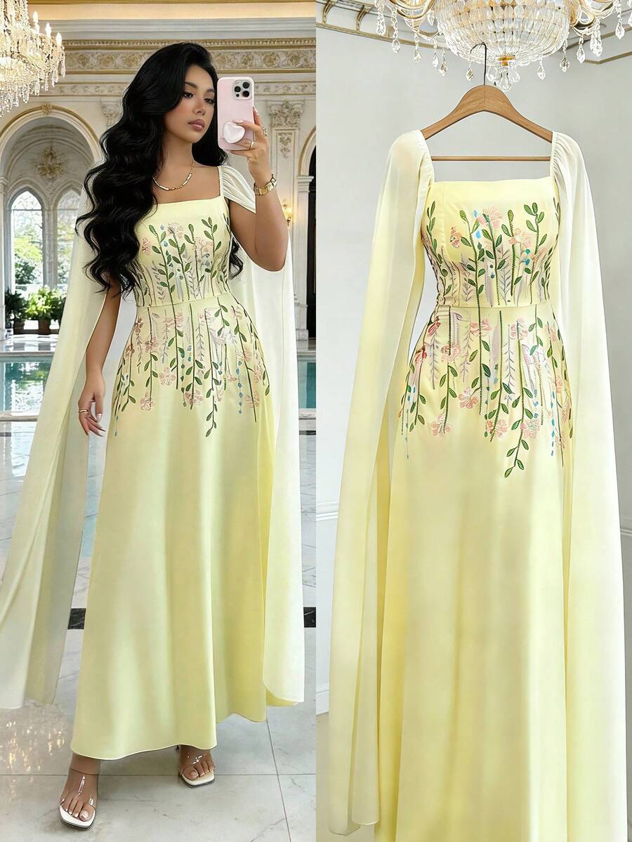 Rafferiza Đầm dự tiệc/sinh nhật thanh lịch và quyến rũ, đầm maxi dáng chữ A không tay cổ vuông bằng vải chiffon mỏng nhẹ, thêu hoa, màu vàng bơ xếp ly, thích hợp cho mùa xuân/hè. - Màu vàng ngỗng - Xem 1