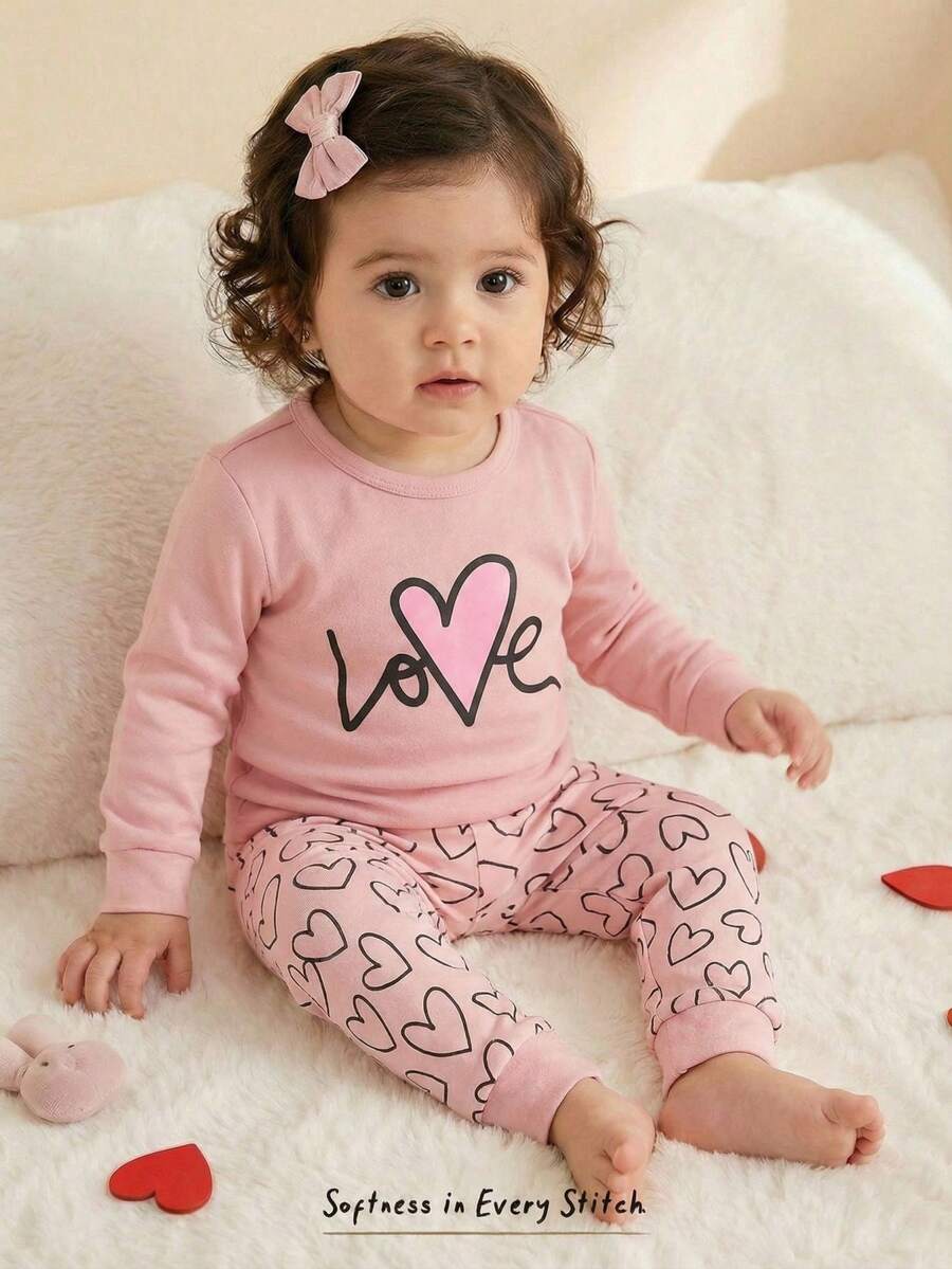 Cozy Pixies Baby Girl Snug Fit Pajama Set, Cartoon Cloud Heart Letter Print Soft Knit Crew Neck Long Sleeve Top And Elastic Waist Leggings Baby Girl Heart Outfit Baby Girl Sweat Set Toddler Girl Love Is Kind Outfit Baby Girl Long Sleeve Set Pink Toddler Outfit - Dusty Pink - View 1