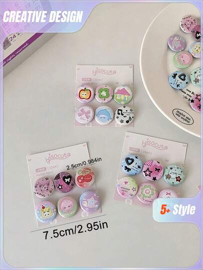 SHEIN Juego de 6 piezas de diseño, dibujos animados lindos, bolso coreano de alto valor, decoración de ropa, insignia, insignia, DIY, flores lindas, insignia de estudiante, bolso, joyería, colgante, barra