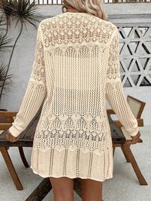 SHEIN LUNE Women's Casual Vacation Hollow-Out Knit Cardigan - Apricot - View 2