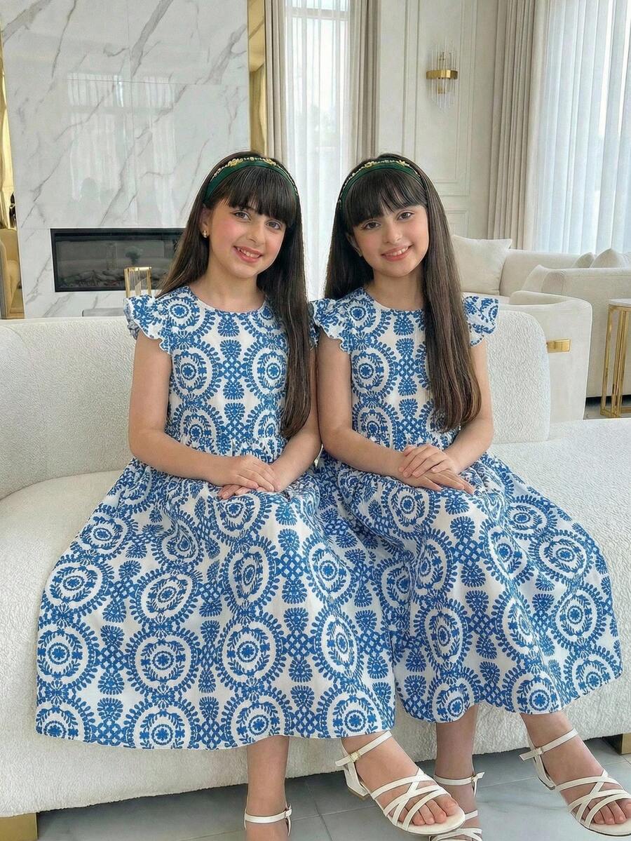 少女度假风碎花圆领短袖连衣裙 - 藍色 - 查看 1