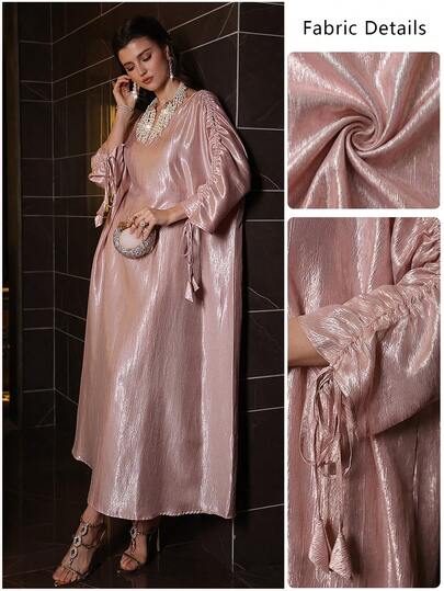 Al Najma Fashionable Elegant V-Neck Batwing Sleeve Ruched Long Dress, Spring/Summer Pink Metallic Kaftan Luxury Kaftan Dress For Evening Party/Wedding Guest/Anniversary Formal Elegant Party Uxury Evening Dresses Wedding Party Dress