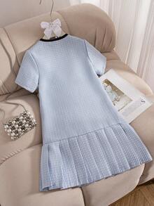 Elladie kids 1 chiếc đầm ngắn tay xếp ly, trang trí nơ, dành cho bé gái tuổi teen, mùa hè. - Màu xanh lam - Xem 2