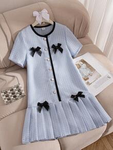 Elladie kids 1 chiếc đầm ngắn tay xếp ly, trang trí nơ, dành cho bé gái tuổi teen, mùa hè. - Màu xanh lam - Xem 5