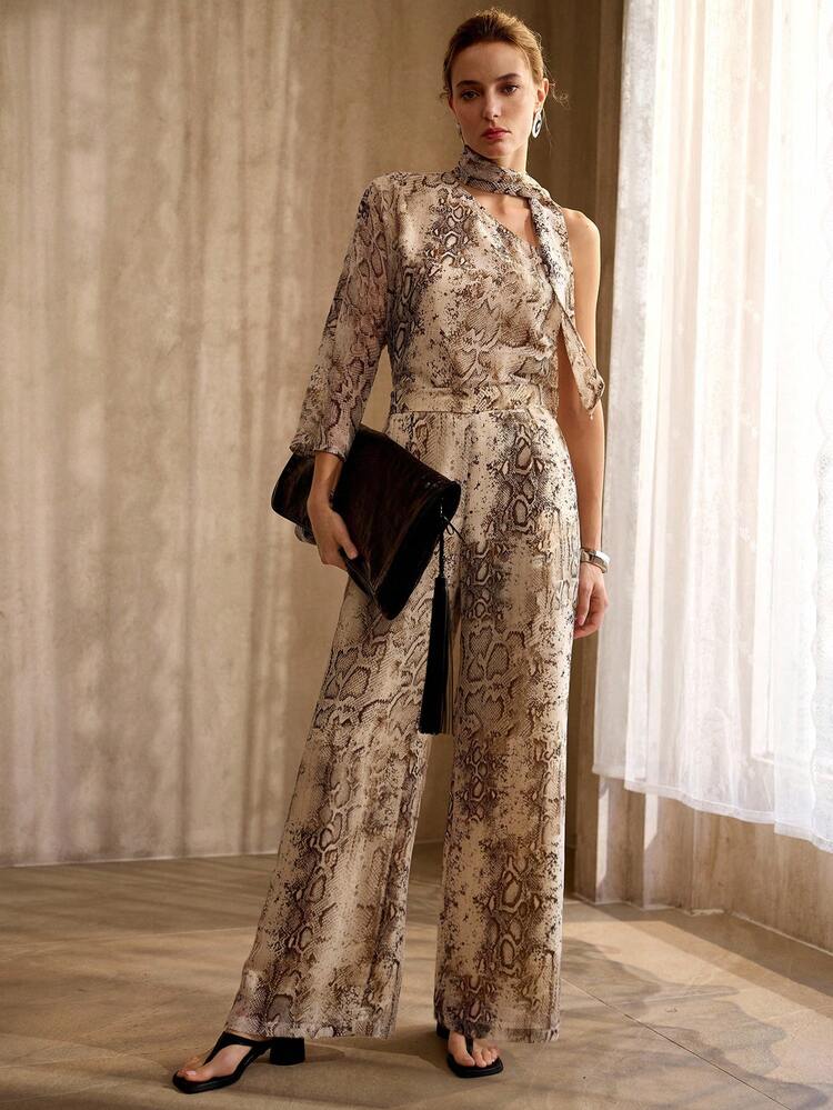 LIGHTWEIGHT CHIFFON WIDE LEG PANTS WITH FAUX SNAKE SKIN PRINT, ANIMAL PRINT, VINTAGE STYLE