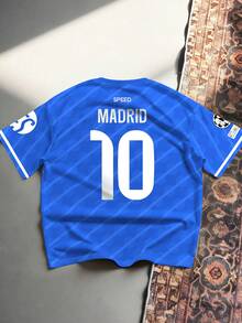 Aesthetic Post 街头风，马德里俱乐部10号及足球偶像，字母印花男士圆领T恤 - 藍色 - 查看 2