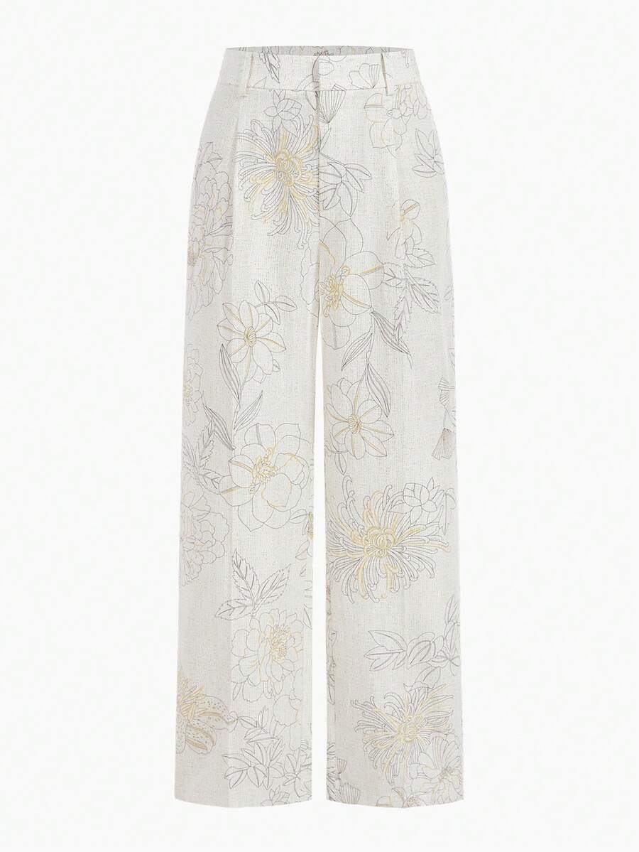 ZEYLAH 女士印花褶裥阔腿宽松西装裤 - 杏色 - 查看 1