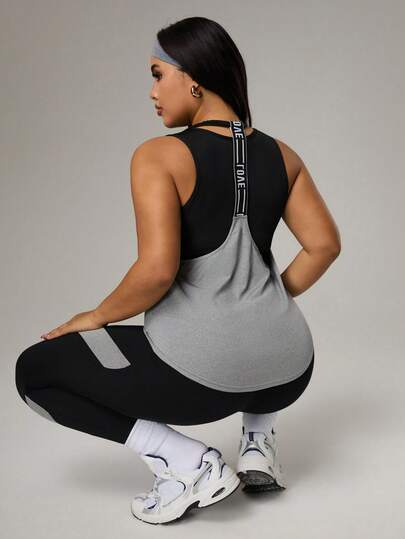 Rhythm Era Plus Size Women 3pcs Set: Solid Color Round Neck Tank Top + Letter Print Tank Top + Colorblock Leggings Sports Suit