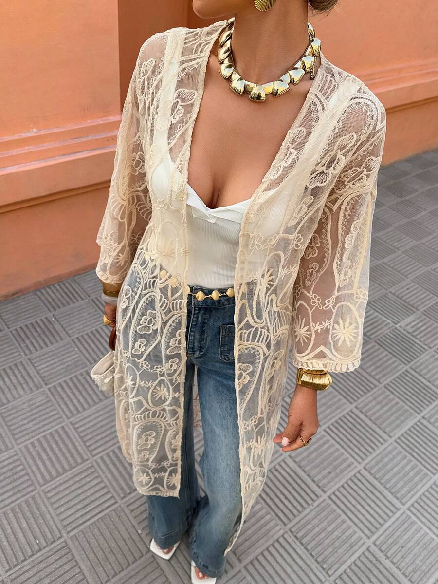 Selianne Women Lace Long Flowy Kimono Cardigan Boho Style Beach Open Cover Ups - Apricot - View 1